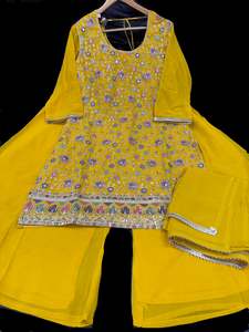 Sharara Lehnga Suits 1: Georgette based all multicoloured floral embroidery & sequined work kameez with big flared plazo and georgette dupatta with border work