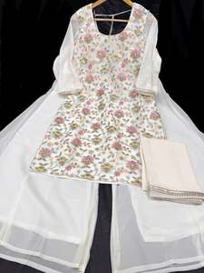 Sharara Lehnga Suits 1: Cream color georgette based all multicoloured floral embroidery & sequined work kameez with big flared plazo and georgette dupatta with border work