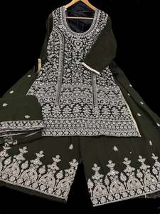 Sharara Lehnga Suits 1: Kai Green color georgette based all over stones with Mirror work & embroidery work kameez with embroidery work big flared plazo and georgette dupatta with embroidery work (size 44 and can be altered upto size 46)