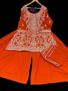 Sharara Lehnga Suits 1: Rust Orange color georgette based all over stones work & embroidery work kameez with plazo big flared and georgette dupatta with border(size 54 and can be altered upto size 56)