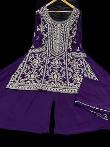 Sharara Lehnga Suits 1: Purple color georgette based all over stones work & embroidery work kameez with plazo big flared and georgette dupatta with border(size 54 and can be altered upto size 56)