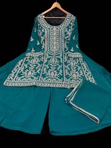 Sharara Lehnga Suits 1: Teal color georgette based all over stones work & embroidery work kameez with plazo big flared and georgette dupatta with border(size 54 and can be altered upto size 56)