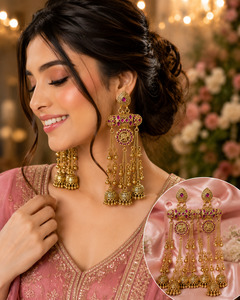 Elegant Kashmiri long earrings with intricate ruby-toned detailing and graceful &hellip;