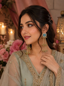 Jewellery: Aqua Blue  color Elegant Kashmiri earrings featuring gemstone studs with delicate ghungroo detailing for a graceful look ✨(slight variation in color and design is possible )