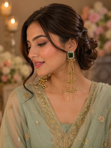 Jewellery: Green color Elegant Kashmiri earrings featuring gemstone studs with delicate ghungroo detailing for a graceful look ✨(slight variation in color and design is possible )