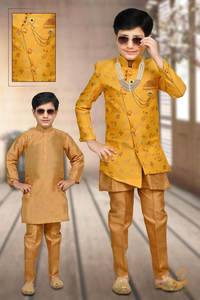 Kids Kurta Pajama: Brocade Silk Based embroidery Kids Indo Western (With Mala And Broach )With Pents