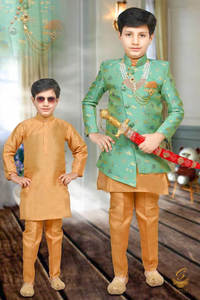 Teal Colour Brocade Silk Based embroidery Kids Indo Western (With Mala And Broac&hellip;