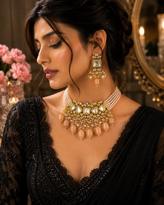 Jewellery: Beautiful original Kundan Necklace Set With Elegant Pearl Detailing And Intricate Meenakari Work behind the stones )Slight Variation In Color, Design, And Finishing May Occur