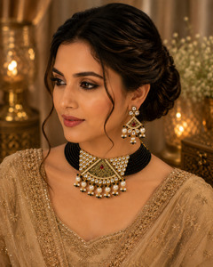 Jewellery: Black pearls & meenkari work beautiful choker set with kundan stones(slight variation in color and design is possible)