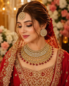Jewellery: Kundan Stones With maroon Pearls With Moti Work Necklace with bigger size studs set ( slight variation in color and design is possible)