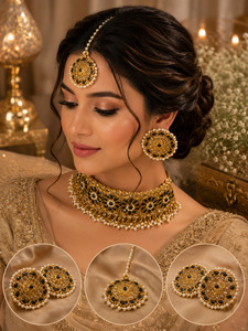 Jewellery: Beautiful Black stone choker necklace set with elegant pearl detailing & big studs with tikka (Slight variation in color, design, and finishing may occur)