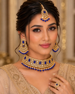 Jewellery: Royal Blue color stone Chokar necklace set with earrings & tikka (slight variation in color and design is possible)