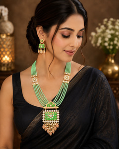 Kundan & meenakari work elegant long pendant necklace set with pearl detailing a&hellip;
