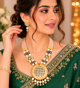 Kundan & meenakari work elegant long pendant necklace set with pearl detailing a&hellip;
