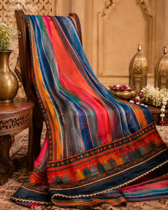 Plain Dupatta: Soft tissue-organza dupatta with vibrant multi-colour stripes, rich printed border and delicate gold lace finishing.(slight variation in color and design is possible)