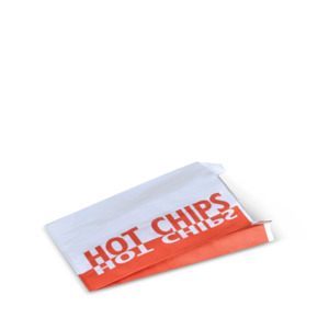 Paper Bags Copy: Hot Chips Printed Greaseproof Satchel - 1 Ply 92 x 34 x 160mm Qty 500