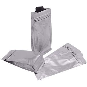 Coffee Pouch Bags Copy: Flat Bottom Coffee Valve 8 Side Seal Zipper Pouch Bags With Pull Tab Silver - Material Specs: Matt Silver OPP + VMPET + PE