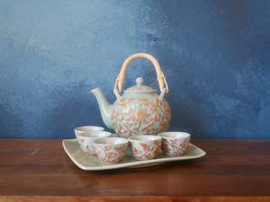 Hand drawn - Bas Relief | Celadon |Tea pot set