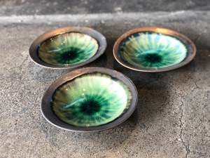 Plates: Agate-Green Glaze, Black Bottom, Bowl, Pottery, Rustic, Handmade