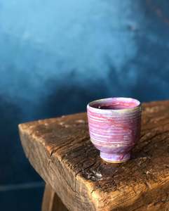 Drinkware: Pinky Purple Teacup, Light Yellow Hints, Circling Textures Exterior