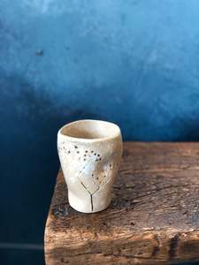 Drinkware: Small Uneven Shape Mug: Creamy Yellow, White Speckled, Semi Glazed, Handmade