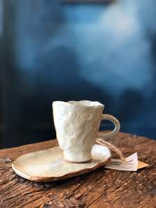 Cup and Saucer Set, Uneven, Creme/Brown, Smooth, Handmade