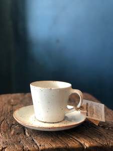 Tea /coffee Cup With Handle and Saucer, White, Speckled, Rough, Handmade