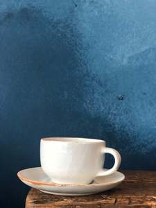 Round Coffee / Tea Cup with saucer, White, Smooth, Slightly Speckled, Handmade