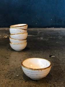 Utensil: Tiny White Bowl/ Ramekin, Smooth, Speckled, Brown Rim, Handmade