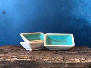 Utensil: Rectangle Ramekin/Tiny Bowl: Rustic Blue, Raw Exterior, Handmade