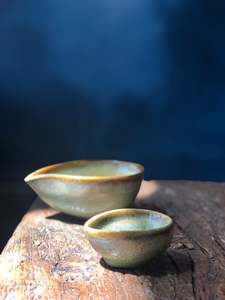 Utensil: Tiny Cream/Milk Bowl: Shinny Emerald Green, Cracked Pattern, Dark Green Rim, Handmade