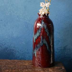 Dark Earthy Red and Blue Glazed Vase | Yellow Inside