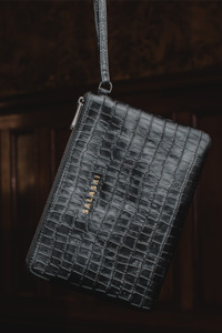 CLUTCH AND CARD HOLDER - BLACK ETHICAL CROC LEATHER