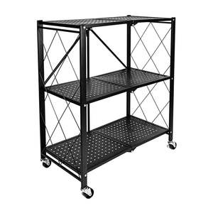 Home Storage: 3-Tier Foldable Metal Rack Storage Shelving Unit with Wheels