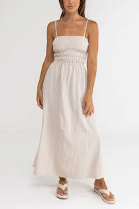 Womens Dresses: Classic Shirred Midi Dress-Oat