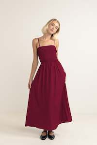 Womens: CLASSIC SHIRRED MIDI DRESS - SANGRIA