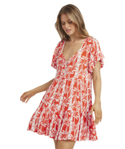 Womens: ROW OF PALMS TIERED DRESS-RED ALOHA