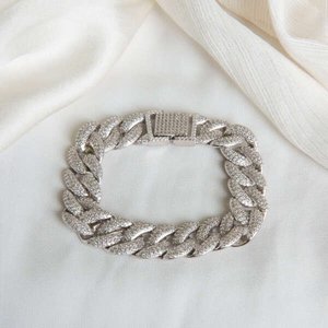 s925 Silver European Men’s Style With full Crystal Cuban Bracelet