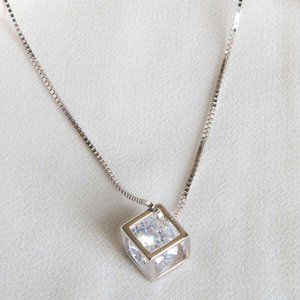 s925 Silver Cubic Zirconia Cube Box Cage Pendant Including s925 Silver Box Chain