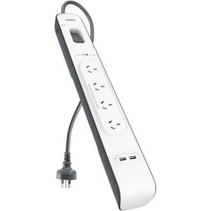 Pc Accessories: Belkin 4-Outlet Surge Protection Strip with 2x USB-A 2.4 Amp Charging Ports (White/Grey)