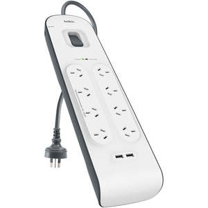 Pc Accessories: Belkin 8-Outlet Surge Protection Strip with 2x USB-A 2.4 Amp Charging Ports (White/Grey)