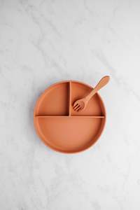 Saylor Mae Silicone Ribbed Suction Plate with Spork - Toffee Coral