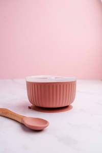 Saylor Mae Silicone Ribbed Suction Bowl with Lid and Spoon - Sunday Rose
