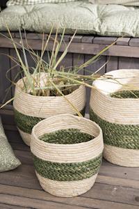 Baskets And Storage Bags: Basket - Cream with Green Stripe, Large.