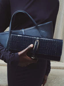 Belted Clutch navy embossed croc