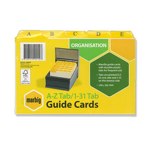 Library Cards System Cards: Marbig Guide Card Indices for System Cards A-Z / 1-31 Tab Manilla 150 x 102mm or 6"x 4"