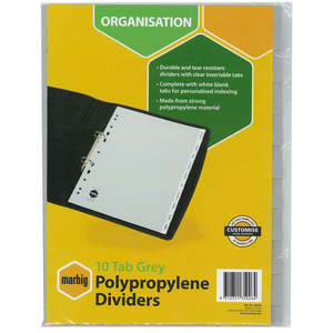 Marbig Indices & Dividers 10 Insert Tab PP A4 Grey