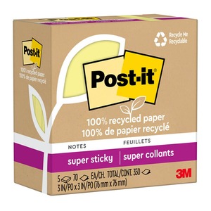 Sticky Notes And Notepads: Post-it 100% Recycled Super Sticky Notes 654R-5SSCY 76x76mm Yellow 70 Sheets