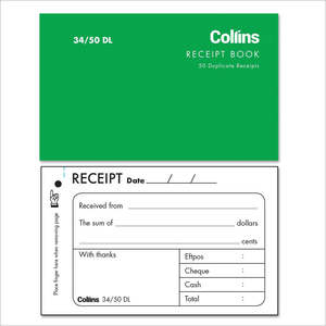 Collins Cash Receipt 34/50DL Carbon Required 50 Duplicate Receipts