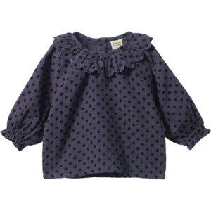 Sale: Nature Baby Ruffle Cameron Blouse - Violet Polka Dot Print